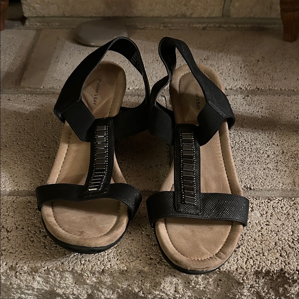 Comfort Stretch Black T-strap wedge Sandal heels- Women